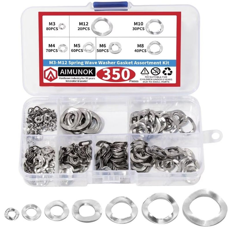 AIMUNOK 350PCS Spring Wave Washer Gasket Assortment Kit, M3 M4 M5 M6 M8 M10 M12 Wavy Wave Crinkle Spring Washers Sets, 304 Stainless Steel Metric Wave Spring Washer for Screw Bolt - Image 1